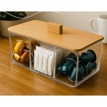 Imagem de Caixa Organizadora Acrílica Porta Saches De Chá Porta Joia Com 3 Divisórias E Tampa De Bambu