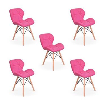 Imagem de Kit 05 Cadeiras Charles Eames Eiffel Slim Wood Estofada - Rosa - Magaz