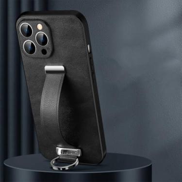 Imagem de IRTGFG Capa de couro com pulseira elástica e suporte para iPhone 16 Pro (para iPhone 16 Pro/preto)