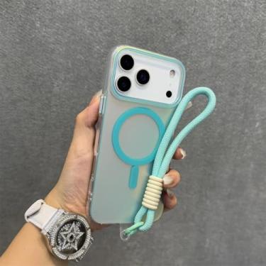 Imagem de SFDSUH Capa com cordão Aurora Gradient para iPhone 16 Pro Max, alça de pulso magnética e estampa a laser colorida (Verde menta).