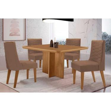 Imagem de Sala Jantar Mesa Berlim Tampo Curvo 90cm+4 Cadeiras Maldivas Madeira Naturale - Capuccino/Corano Capuccino - Rufato