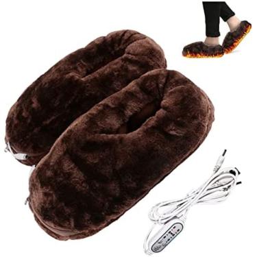 Imagem de Aquecedor De Pés Elétrico Aquecedor USB Sapatos De Aquecimento Com 3 Temperaturas E 3 Temporizadores De Pelúcia Macia Mulheres Homens Chinelos De Casa Para Escritório De Inverno Em Casa,Marrom