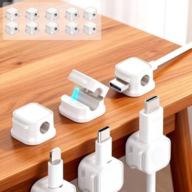 Imagem de Pacote com 10 clipes organizadores de cabos de mola - Clipes de gerenciamento de cabos de mesa, prendedor de fio adesivo para carregadores de telefone, mesa de cabeceira, parede, carro e escritório