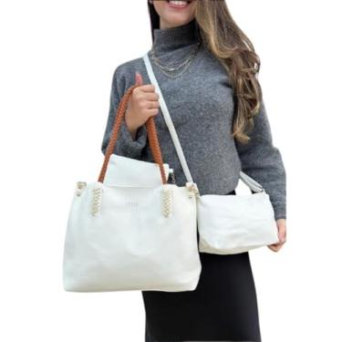Imagem de Kit 3 Bolsas Femininas Estilo Tote Couro Sintético Branco Alça Trançada Necessaire Bag Transversal Moderna Elegante