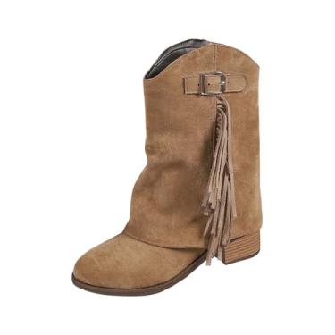 Imagem de Botas femininas casuais no tornozelo com borla, material de camurça, salto redondo para conforto no inverno e estilo versátil, Caqui, 34