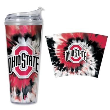 Imagem de Rico Industries NCAA Ohio State Buckeyes Metallic Tie Dye Copo de acrílico metálico de 680 g com tampa articulada, copo de parede dupla oficialmente licenciado com canudo
