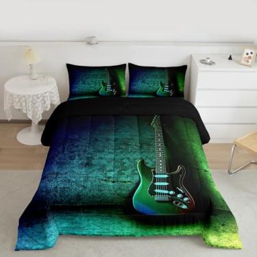 Imagem de Castle Fairy Jogo de cama com estampa 3D de instrumento de música rock, baixo e guitarra moderna, 3 peças com 2 fronhas, enchimento de edredom verde e azul neon, tamanho Queen