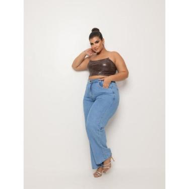 Imagem de Calça Jeans Feminina Plus Size Cintura Alta Azul Clara Sky Wideleg