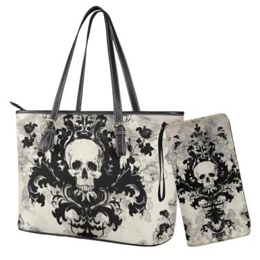 Imagem de Lotusorchid Bolsa com alça superior com conjunto de carteira, bolsa feminina com carteira para viagem, Branco e preto - Caveira gótica, One Size