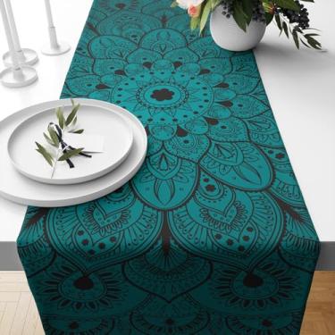 Imagem de Caminhos de mesa boho mandala para sala de jantar, flor de mandala boêmia, linho de algodão, toalha de mesa verde para festa de casamento, decoração de casa, 33 x 91 cm