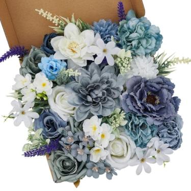 Imagem de INFUNLY Conjunto de 40 peças de flores artificiais azuis empoeiradas de 10 cm, flores de seda falsa, 20 estilos, kit de flores artificiais com haste, rosa, para buquês de casamento, festa, casa, dia