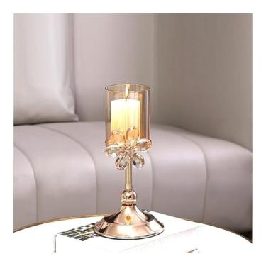 Imagem de Castiçal de vidro de pétala de cristal de luxo leve ornamentos de decoração de mesa retrô suporte de vela suporte de castiçal (âmbar, grande)