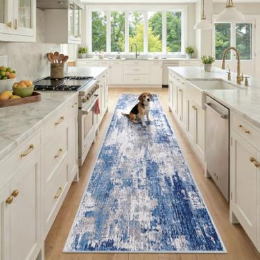 Imagem de RELEANY Tapetes laváveis de 60 x 25 cm, antiderrapante, moderno, abstrato, macio para sala de estar, entrada, quarto, berçário, padrão de impressão, azul, cinza, azul marinho e cinza