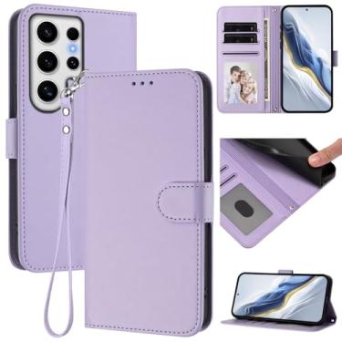Imagem de Capa carteira para Samsung Galaxy S24 Ultra, capa fina de couro com compartimentos para cartões, alça de pulso e suporte, capa protetora à prova de choque para homens e mulheres (roxo claro)