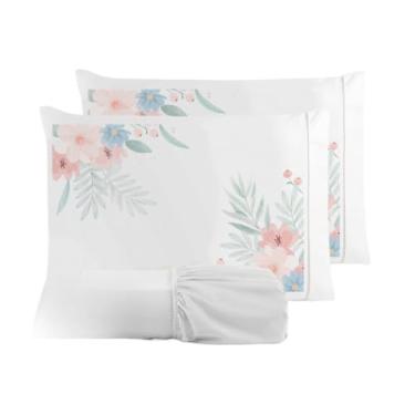 Imagem de Kit Jogo De Cama Lençol Liso Fronha Estampada Micropercal 400 Fios Ponto Palito(Flor Rosê Lençol Branco,Casal King 03 Peças)
