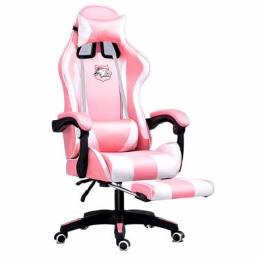 Imagem de Cadeira Gamer Ergonômica com Apoio para Pés, Reclinável, Design Esportivo com Suporte Lombar e Cervical (Branco e rosa)