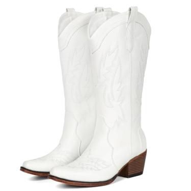 Imagem de IUV Botas caubói femininas de salto grosso, cano médio, cowgirl com bico fino, Branco, 34