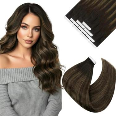 Imagem de Ve Sunny Extensões de cabelo com fita adesiva cabelo humano real invisível Remy cabelo humano liso fita dupla face marrom escuro ombré marrom médio balayage 40,6 cm 10 peças 25G