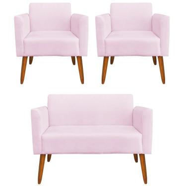 Imagem de Conjunto Namoradeira e 2 Poltronas Decorativas Isabella Pés Palito Madeira Suede Rosa Bebê - Gran Belo
