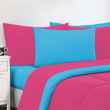 Imagem de Kit Edredom + Jogo De Lençol Malha 100% Algodão Gran Moratta 5 Peças Solteiro - Pink -azul Turquesa