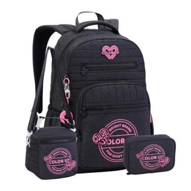 Imagem de Kit Mochila Costas Color Up Lancheira Estojo Glitter Juvenil Cor:Preto