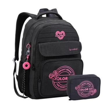 Imagem de Kit Mochila Costas Color Up Com Estojo Box Escolar Glitter Cor:Preto -