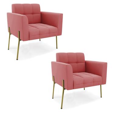 Imagem de Poltrona Pé de Ferro Dourado para Sala Kit 2 Elisa Suede Rosê D03 - D'Rossi