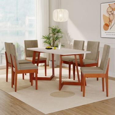 Imagem de Conjunto Sala de Jantar Califórnia 6 Lugares Retangular Madeira Maciça Dakota Caramelo/Castor/Off White