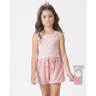 Imagem de Conjunto blusa shorts balonê verão leve moderno divertido - OffWhite e Rosa - Menina 4 a 14 anos-Feminino