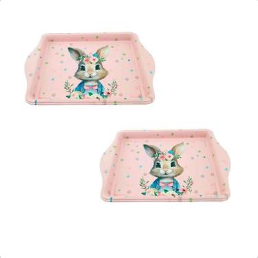Imagem de Bandeja Metal Decoração Pascoa Coelho Pratinho Decorativo Cor:Rosa Com