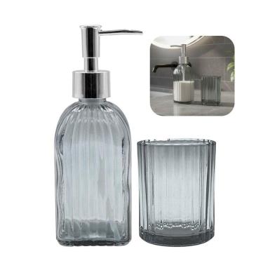 Imagem de Jogo De Banheiro Kit 2 Peças Copo Pote Organizador E Porta Sabonete Vidro Cinza Em Casa Tem