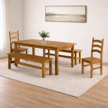 Imagem de Conjunto Sala de Jantar Mesa 180cm 2 Cadeiras e 2 Bancos Madeira Maciça Ventimiglia Nogueira
