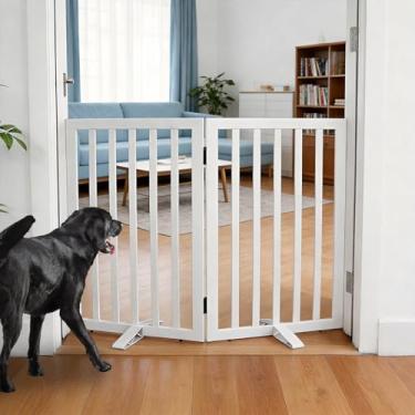 Imagem de ZJSF Portão Interno Autônomo Para Cães, Dobrável, De Madeira, Branco, Cachorros, Escadas Animais Estimação, Cerca Extra Larga, 32" Altura, 2 Painéis