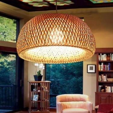 Imagem de Luminária pendente vintage E27, lustre retrô industrial, lâmpada suspensa de tecido de bambu natural, luminária de teto ajustável em altura, sala de jantar, estudo, sala de estar, café, quar