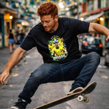 Imagem de Camiseta Masculina Preta Torcedor do Brasil Escudo Simbolo Copa 2026 Vini Jr Baila Vini Algodão-Masculino