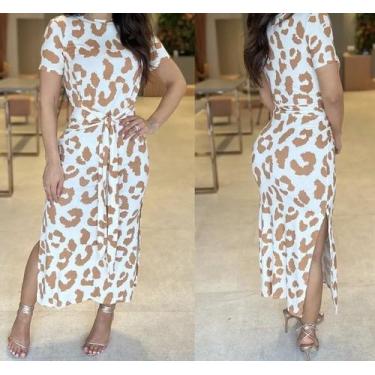 Imagem de Vestido Feminino Midi Animal Print Amarração na Cintura Fenda Lateral 