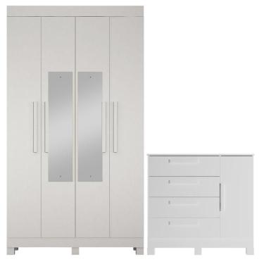 Imagem de Guarda Roupa Casal Quero 4 Portas de Bater com Espelho 2 Gavetas Internas e Cômoda 1 Porta 4 Gavetas MDF Branco