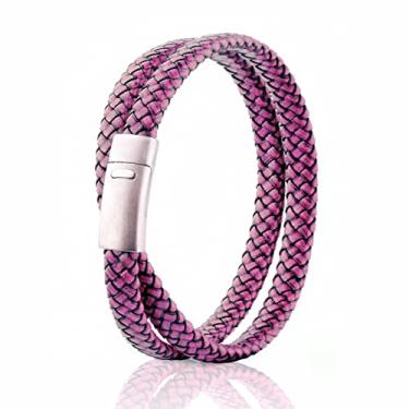 Imagem de Pulseira de contas de couro, pulseira de edição de 2 camadas, fivela magnética de aço inoxidável, pulseira masculina rosa vermelha