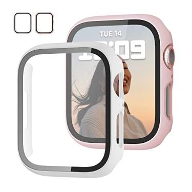 Imagem de JZK Pacote com 2 capas com protetor de tela de vidro temperado para Apple Watch séries 9/8/7 de 41 mm, capa protetora fina para Apple Watch 9/8/7 41 mm, rosa + branco