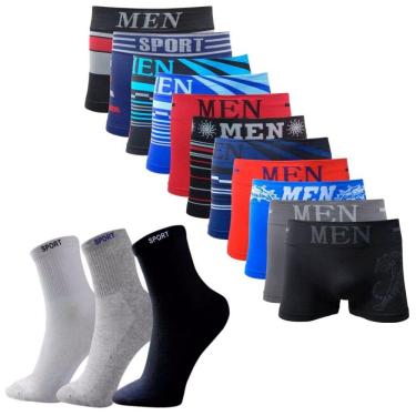 Imagem de Kit 10 Cuecas Boxer Adulto + 12 Pares Meias Sport Longa