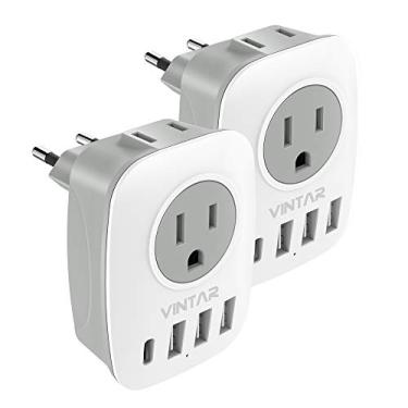 Imagem de [2-Pack] Adaptador de plugue europeu para viagem, adaptador de energia VINTAR International com 1 USB C, 2 tomadas americanas e 3 portas USB, adaptador de plugue europeu 6 em 1