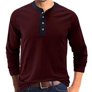 Imagem de NJNJGO Camiseta masculina Henley manga longa casual de algodão, Vinho tinto, XXG