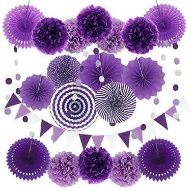 Imagem de ZERODECO decoração de festa, 21 peças de ventiladores de papel para pendurar, flores de pompons de pompons, flores de cordão de guirlanda bolinhas e bandeiras triangulares para festas de aniversário, Roxa
