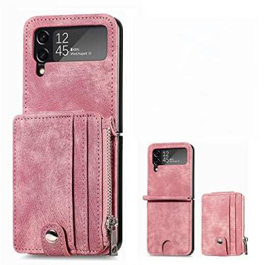 Imagem de Capa de cartão removível para Samsung Z Flip4 capa de telefone dobrável capa protetora pu carteira slots de cartão capa de telefone, rosa, para samsung z flip4