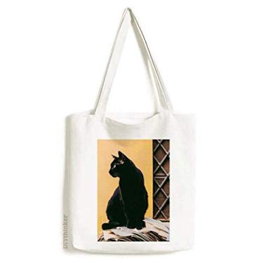 Imagem de Sacola de lona com foto de gato preto, bolsa de compras casual