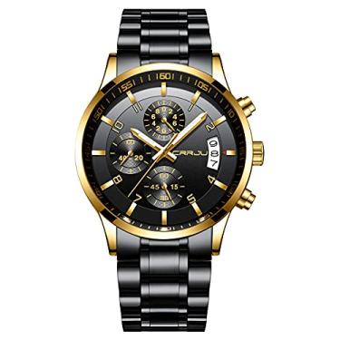 Imagem de CRRJU Moda Relógio De Pulso Inoxidável Para Homem De Aço Inoxidável, Calendário À Prova D'Água, Com Cronógrafo, 42 Mm Preto Ouro