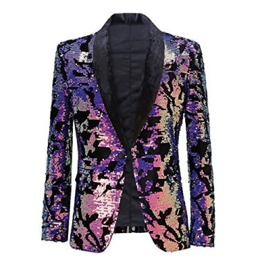 Imagem de Blazer masculino brilhante de lantejoulas, jaqueta blazer de veludo smoking único trespassado para festa, roxo, 2GG (busto: 124 cm)