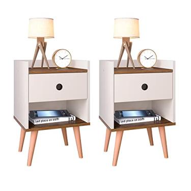 Imagem de Kit 2 Mesa de Cabeceira Compacta Retrô Mesinha Canto Cama Decore Quarto Com Gaveta/Nicho Oferta dia das Mães- Off White/Freijó
