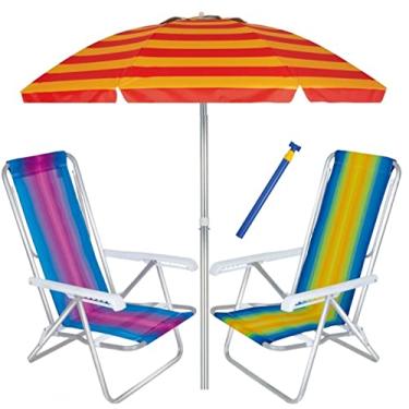 Imagem de Kit Praia 2 Cadeira Reclinável 8 Pos Alum + Guarda Sol 2,4m + Saca areia - Mor - Vermelho