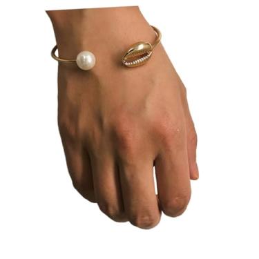 Imagem de bracelete dourado Pulseira de concha Pulseira de pérola para amigas Pulseira de design criativo Bracelete de pérola Pulseira de metal Simples talão Senhorita